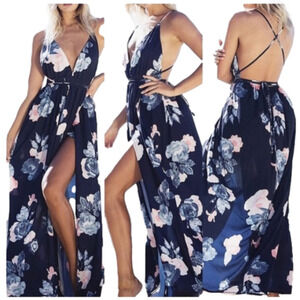 SIMPLEE Maxi Dress Split Front V Neck Backless Floral Blue Women Size XS